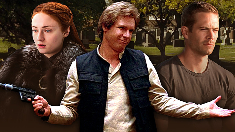 Composite image of Sophie Turner's Sansa Stark in Game of Thrones, Harrison Ford's Han Solo in Star Wars: Return of the Jedi, and Paul Walker's Brian O'Conner in Fast & Furious