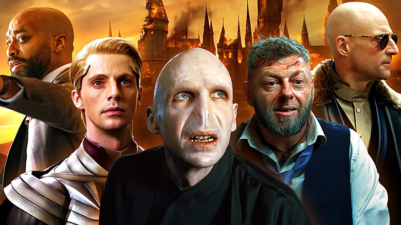 Chiwetel Ejiofor as Bathurst 2020 from Infinite, Matthew Goode as Adrian Veidt / Ozymandias from the Watchmen film, Ralph Fiennes as Voldemort from the Harry Potter films, Andry Serkis as Ulysses Klaw from Black Panther, and Mark Strong as Dr. Sivanna, all edited together in front of an image of Hogwarts castle burning