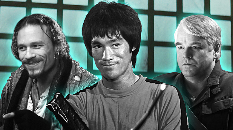 Composite image of Heath Ledger in The Imaginarium of Dr. Parnassus, Bruce Lee in Game of Death, and Philip Seymour Hoffman in The Hunger Games