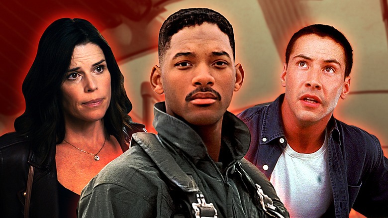 Composite image of Neve Campbell as Sidney Prescott, Will Smith as Steven Hiller, and Keanu Reeves as Jack Traven