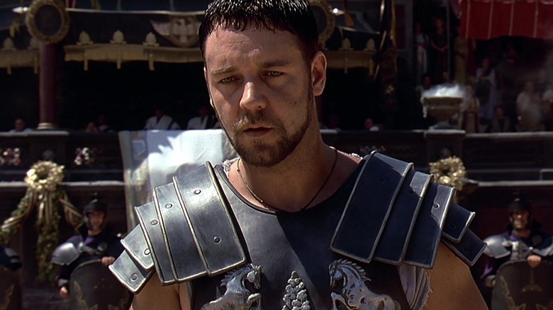 Russell Crowe as Maximus Decimus Meridius beginning to lose consciousness in Gladiator