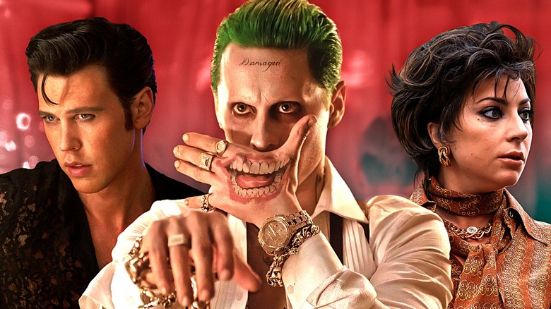 A composite image of Austin Butler as Elvis, Jared Leto as Joker, and Lady Gaga as Patrizia Reggiani