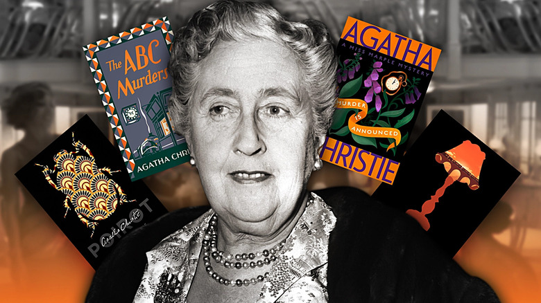 Agatha Christie surrounded by the book covers for Death on the Nile, The ABC Murders, Murder is Announced, and Murder on the Orient Express