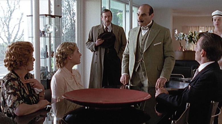 Hercule Poirot (David Suchet) gathering suspects in The Murder of Roger Ackroyd