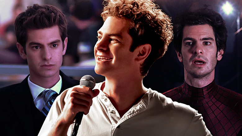 Collage of Andrew Garfield in The Social Network, tick tick BOOM, and Spider-Man: No Way Home