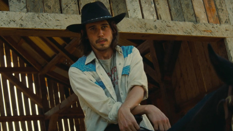 Austin Butler as Tex Watson sitting on a horse in Once Upon a Time in Hollywood.