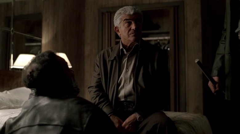 Frank Vincent as Phil Leotardo sitting on a bed in front of Joseph R. Gannascoli as Vito on The Sopranos