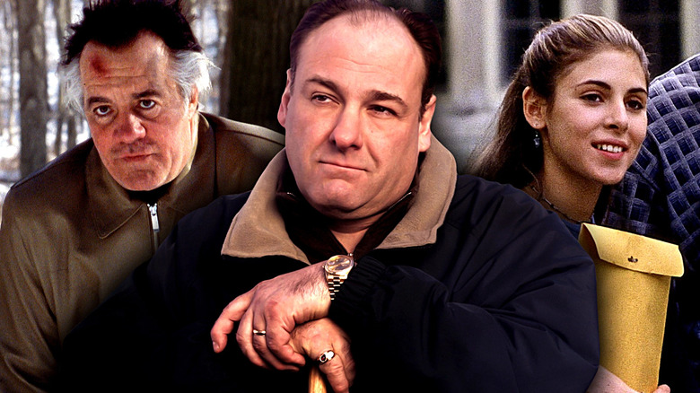 Images of Paulie Walnuts, Tony Soprano, and Meadow Soprano from different episodes edited together