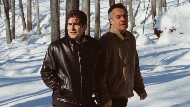 Michael Imperioli and Tony Sirico as Christopher and Paulie, wandering a snowy forest on the sopranos