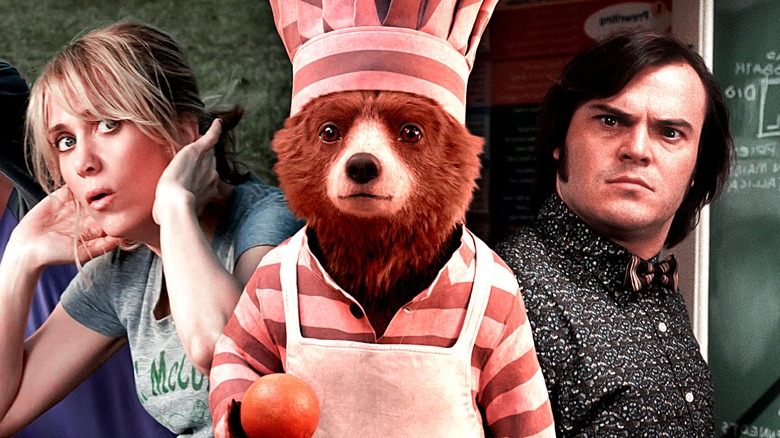 Composite image of Kristen Wiig as Annie Walker in Bridesmaids, Paddington as a prisoner from Paddington, and Jack Black as Dewey Finn in School of Rock