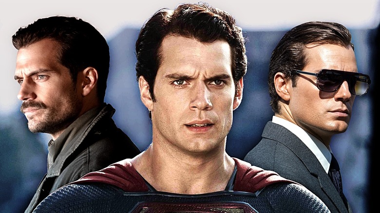 A collage of Henry Cavill as August Walker in Mission: Impossible - Fallout, Superman in Man of Steel, and Napoloen Solo in The Man from U.N.C.L.E.