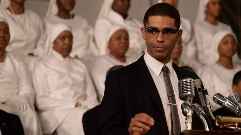 Kingsley Ben-Adir as Malcom X speaking at a church in One Night in Miami...