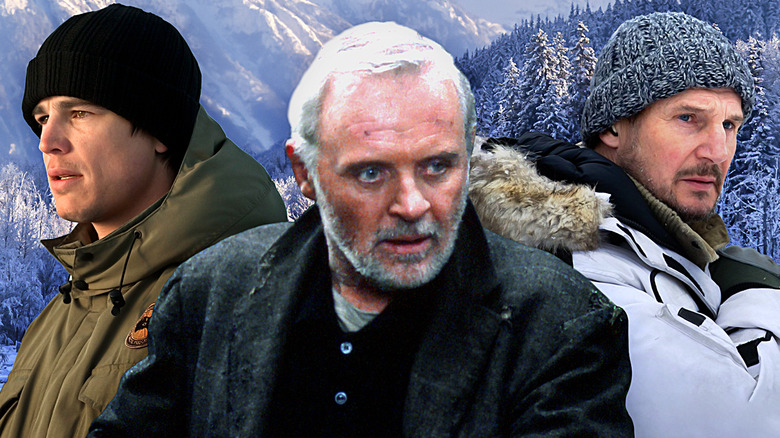 Josh Hartnett as Eben Oleeson in 30 Days of Night, Anthony Hopkins as Charles Morse in The Edge, and Liam Neeson as Ottway in The Grey among the Alaskan wilderness in a composite image