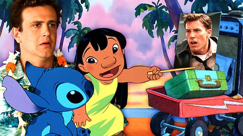 Jason Segel as Peter Bretter, Lilo & Stitch, and a photo of Ben Affleck in Pearl Harbor sitting in their wagon