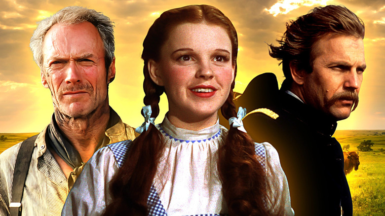 Clint Eastwood as William Munny in Unforgiven, Judy Garland as Dorothy in Wizard of Oz, and Kevin Costner as Lieutenant Dunbar in Dances with Wolves