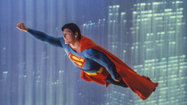 Superman (Christopher Reeve) flies over Metropolis in Superman: The Movie