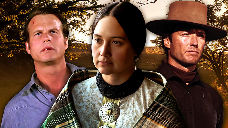 Bill Harding (Bill Paxton) in Twister; Mollie Burkhart (Lily Gladston) in Killers of the Flower Moon; Jed Cooper in Hang 'Em High in a composite image