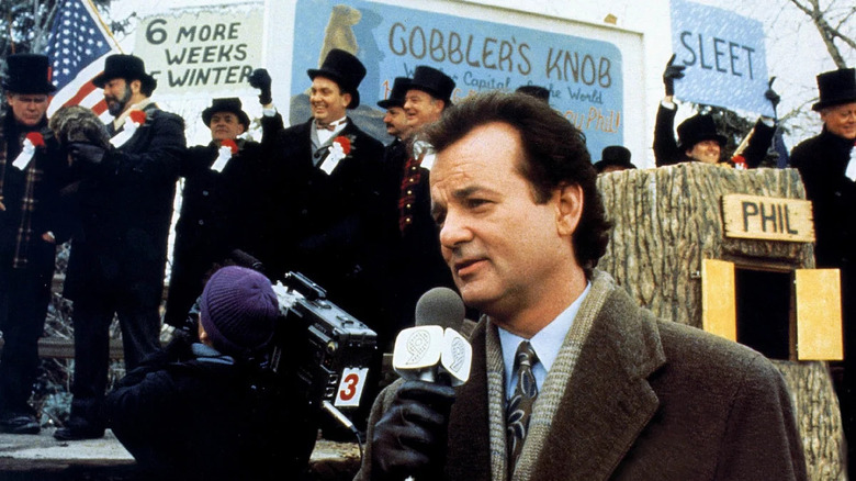 Phil Connors doing a newscast in Punxsutawney in Groundhog's Day