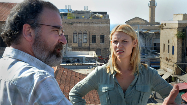 Mandy Patinkin and Claire Danes as Saul and Carrie, standing on a Lebanese rooftop on Homeland