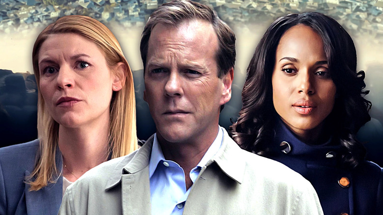 Images of Keifer Sutherland in 24, Claire Danes in Homeland, and Kerry Washington in Scandal edited together