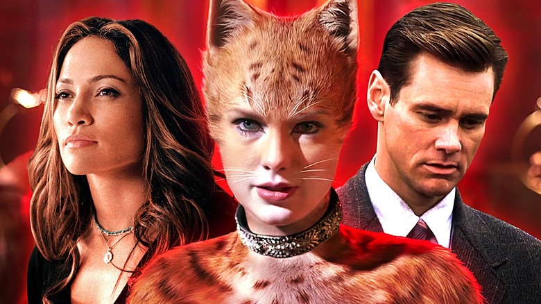 Composite image of Jennifer Lopez's Ricki in Gigli, Taylor Swift's Bombalurina in Cats, and Jim Carrey's Luke Trimble in The Majestic