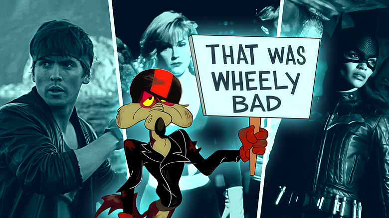 Wile E. Coyote holding a sign in front of a background consisting of Batgirl and Sue Storm