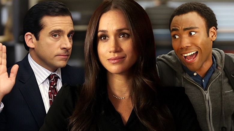 Composite image of Steve Carell as Michael Scott in The Office, Meghan Markle as Rachel Zane in Suits, and Donald Glover as Troy Barnes in Community