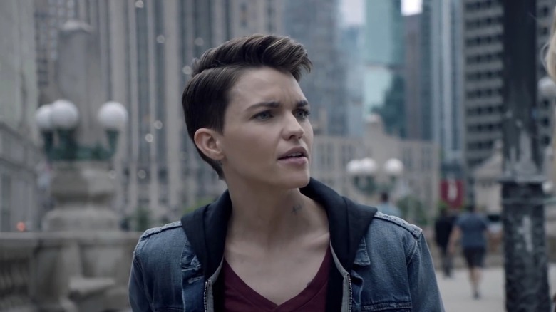 Ruby Rose as Kate Kane looking to the side and speaking in Batwoman