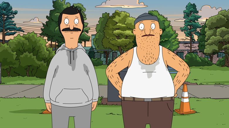 Bob Belcher and Teddy working out in Bob's Burgers