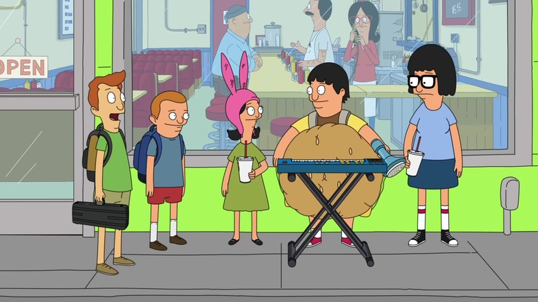 Peter Pescadero, Regular Sized Rudy, Louise, Gene, and Tina in Bob's Burgers