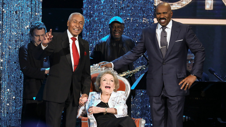 Betty White on stage with Arthur Duncan and Steve Harvey