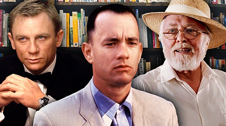 James Bond, Forrest Gump, Dr. Hammond against bookshelf backdrop