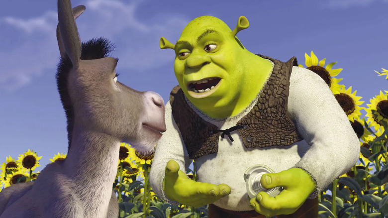 Shrek and Donkey in a field