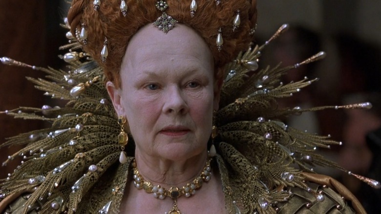 Queen Elizabeth I in Shakespeare In Love, wearing an elaborate cowl studded with pearls