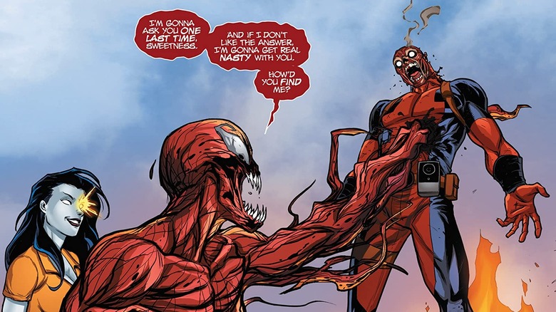 Carnage interrogating Deadpool in "Deadpool Vs. Carnage"