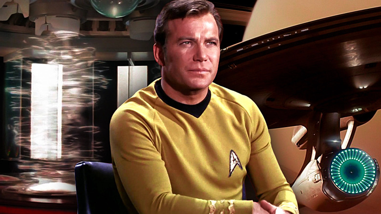 William Shatner as Captain Kirk, surrounded by ubiquitous Star Trek franchise elements