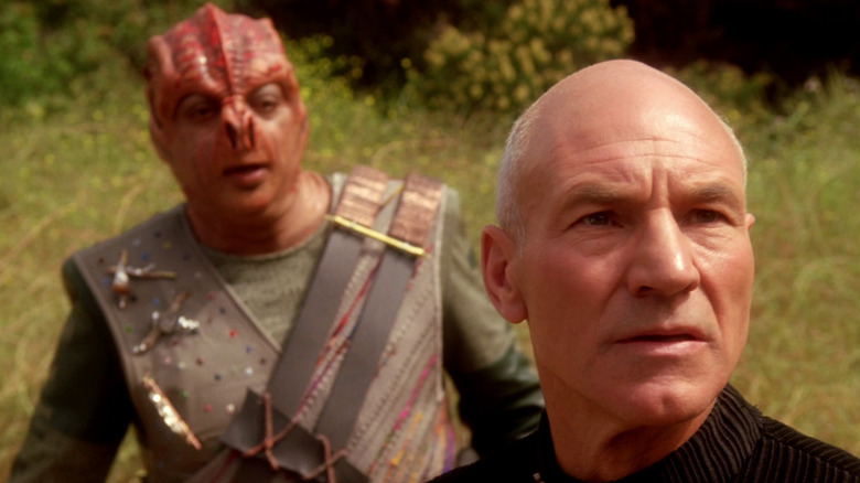 Paul Winfield as Dathon and Patrick Stewart as Picard in a Next Generation episode involving language barriers and a shared threat