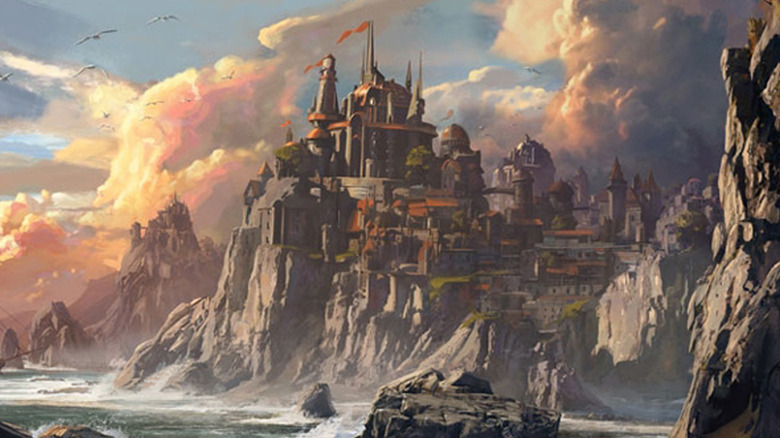 The city of Neverwinter at the edge of a cliff