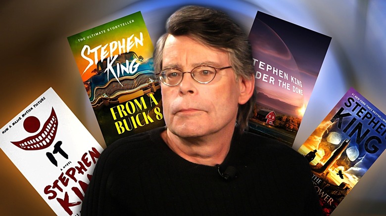 An emotionless Stephen King, surrounded by book covers for IT, From a Buick 8, Under the Dome, and The Dark Tower.