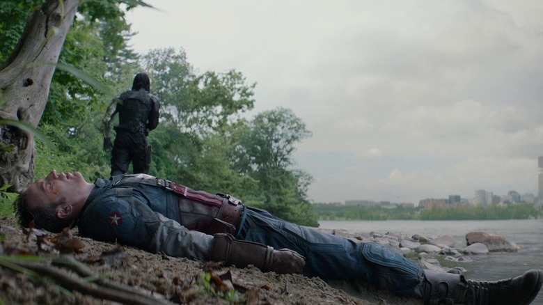 Captain America lies unconscious lakeside in The Winter Soldier