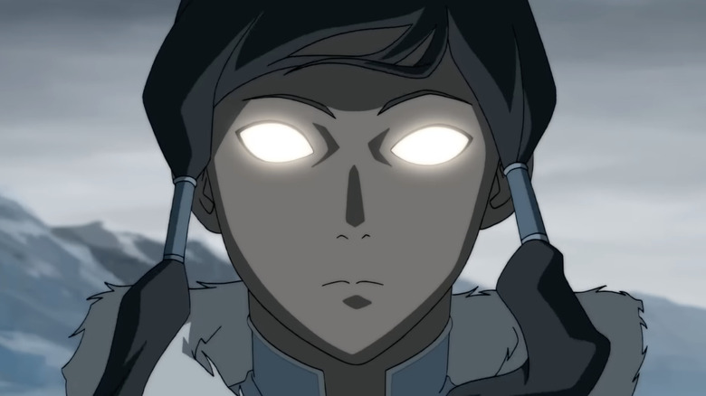 The Legend of Korra season 1 finale close-up of Korra's face as she goes into the Avatar State with glowing eyes