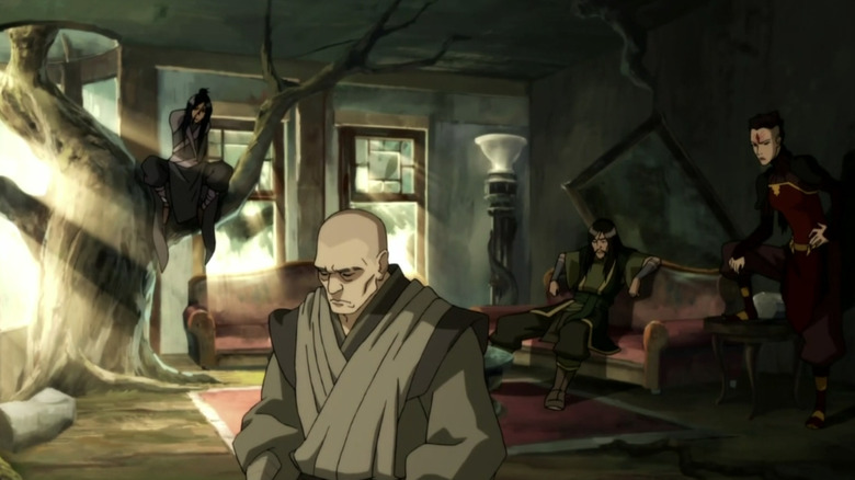 Zaheer, Ming-Hua, Ghazan and P'li meditating together in an abandoned house in The Legend of Korra