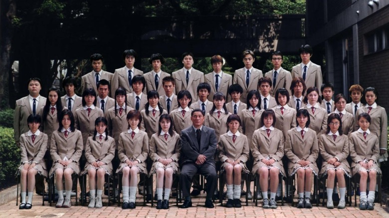 The cast of "Battle Royale" take class photo