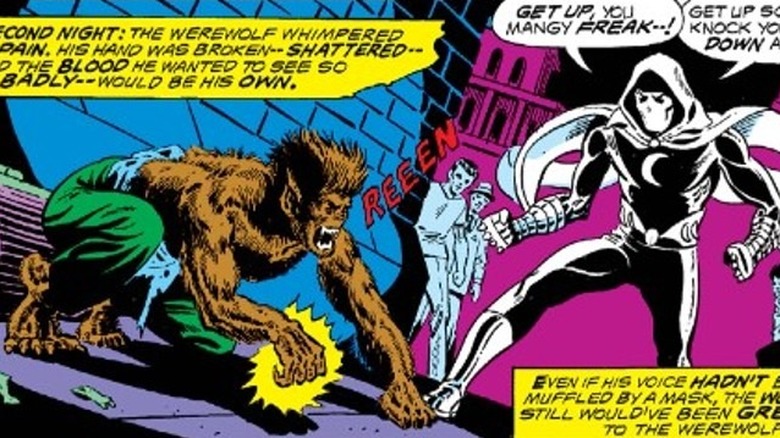 Wolf crying in pain next to Moon Knight
