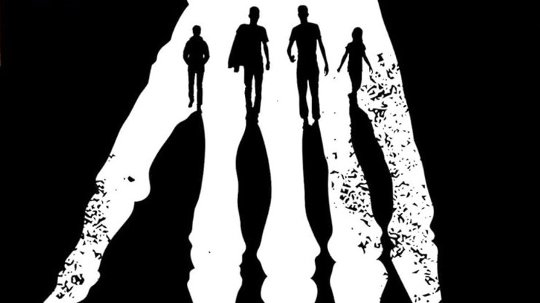 Four people walking in the shadows on the cover of Alex North's The Shadows