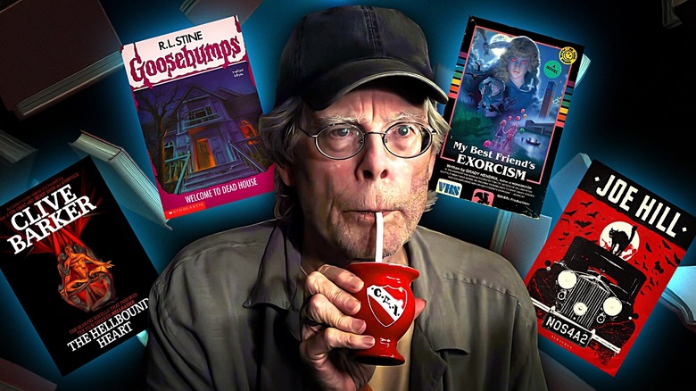 Composite image of Stephen King sipping from a cup surrounded by book covers of Joe Hill's NOS4A2, Grady Hendrix's My Best Friend's Exorcism, R.L. Stine's Welcome to Dead House, and Clive Barker's The Hellbound Heart