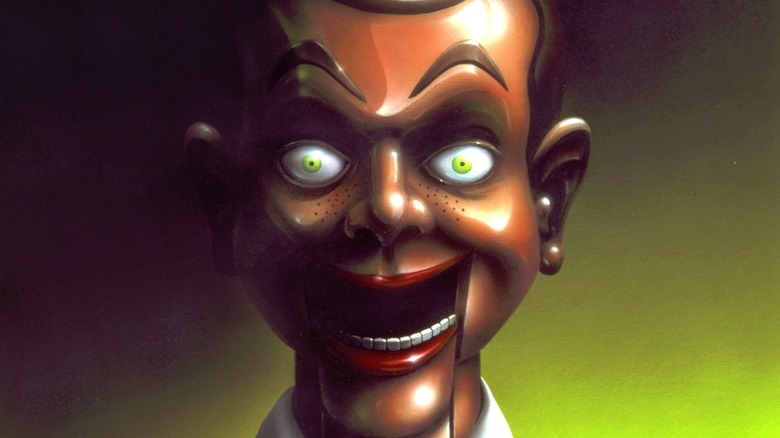 Slappy the Dummy with his mouth open from the cover of R.L. Stine's Night of the Living Dummy