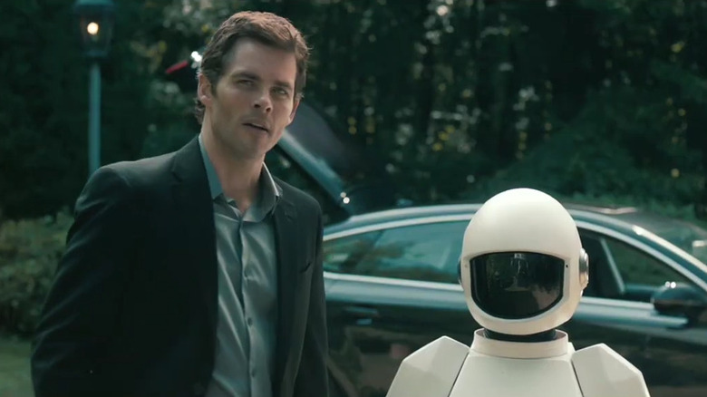 James Marsden as Hunter with the robot from Robot & Frank