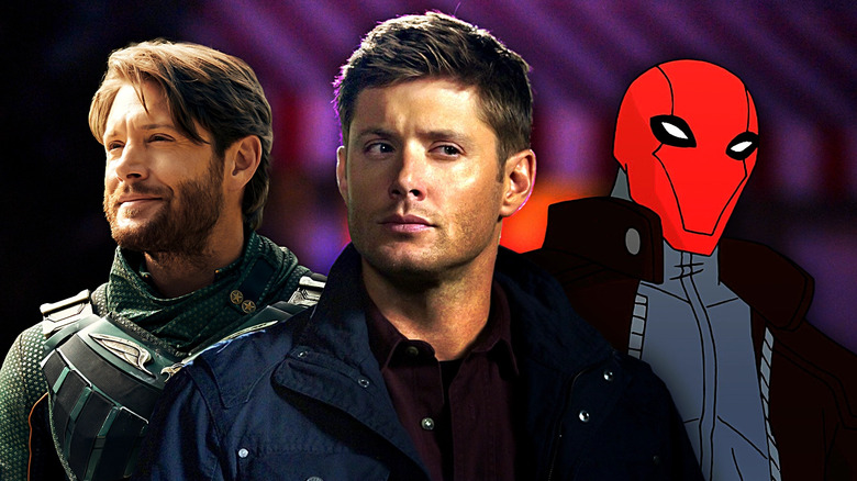 Images of Jensen Ackles in the roles of Soldier Boy from The Boys, Dean Winchester from Supernatural, and the Red Hood from Batman: Under the Red Hood edits onto purple background