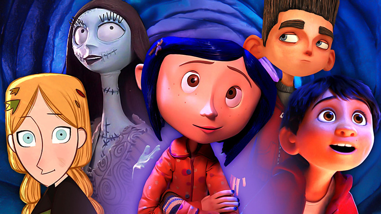 A collage of Robyn Goodfellowe (Honor Kneafsey) in Wolfwalkers, Emily (Helena Bonham Carter) in Corpse Bride), Coraline Jones (Dakota Fanning) in Coraline, Norman Babcock (Kodi Smit-McPhee) in ParaNorman, and Miguel (Anthony Gonzalez) in Coco